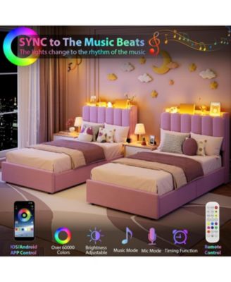 LED Twin XL Bed Frame with Storage Headboard, Boucle Upholstered Kids Bed with 2 Drawers, Wavy Bookcase Headboard