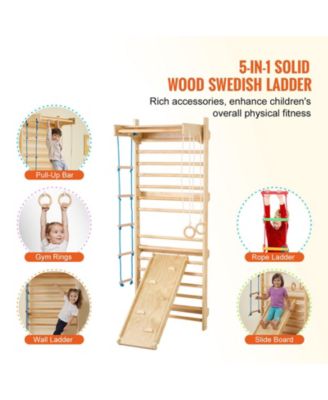Swedish Ladder Wall Gym, 5-in-1 Indoor Climbing Set w/ Pull-Up Bar, Rings, Rope Ladder & Slide Board