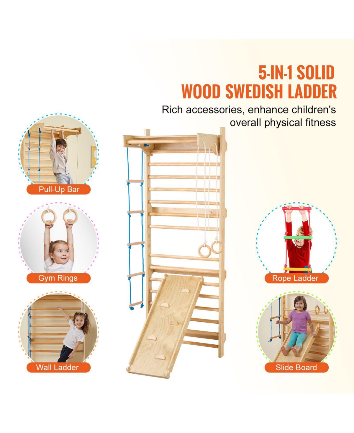 Mecale Swedish Ladder Wall Gym, 5-in-1 Indoor Climbing Set w/ Pull-Up Bar, Rings, Rope Ladder & Slide Board