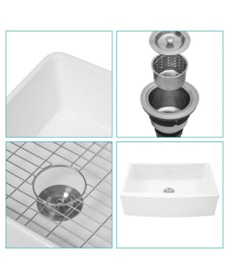 30x21x10 Inch White Farmhouse Kitchen Sink Ceramic Porcelain Arch Edge Apron Front Single Bowl With Drain Assembly Dish Grid