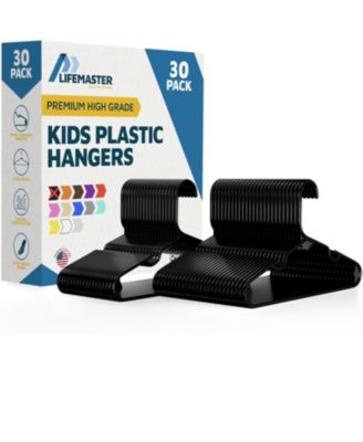Kids Plastic Hangers, Black, 11.6", with shoulder notches, space-saving, hold 5 lbs, ideal for baby, toddler & kids  clothes, 30-pack.