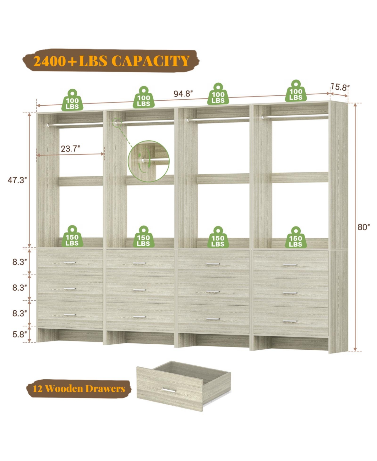 Aheaplus 24" Freestanding Closet Organizer System with Hanging Rods and Drawers
