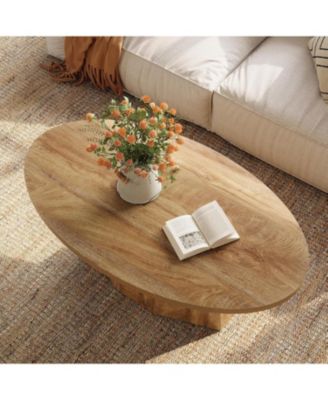 Oval Coffee Table, 47-Inch Living Room Table with Polygonal Pedestal, Modern Center Accent Furniture, Child-Friendly, Yellowish Brown