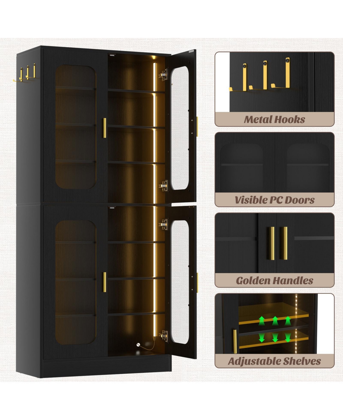 Aheaplus Shoe Cabinet with Led Light, Closet Organizer Adjustable Shelves