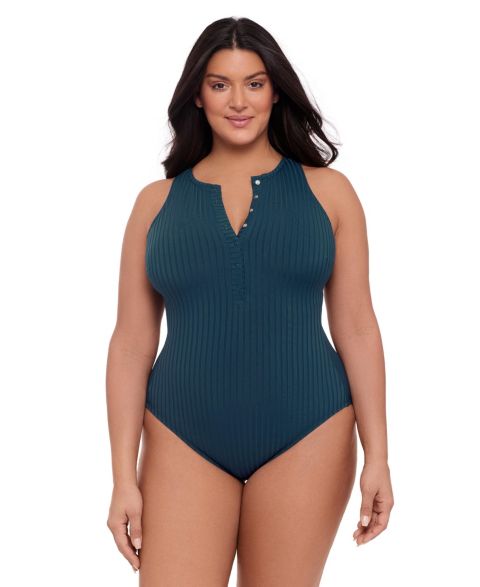 Купальник Snap-Front, высокая горловина, в рубчик — S3 Apparel, цвет: Сумеречный синий