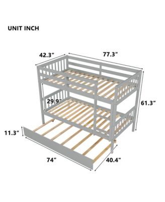 Twin over Twin Bunk Bed with Trundle, Convertible to 2 Separate Beds Rubber Wood Bunk Bed with Ladder & Guardrails