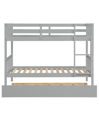 Twin over Twin Bunk Bed with Trundle, Convertible to 2 Separate Beds Rubber Wood Bunk Bed with Ladder & Guardrails