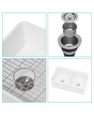 32x19x10inch White Fireclay Double Bowl Kitchen Sink Undermount Dual Mount