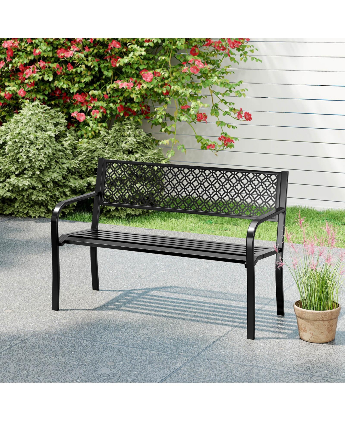 Costway 50" Outdoor Garden Bench with Geometric Lattice Backrest Armrests and Slatted Seat