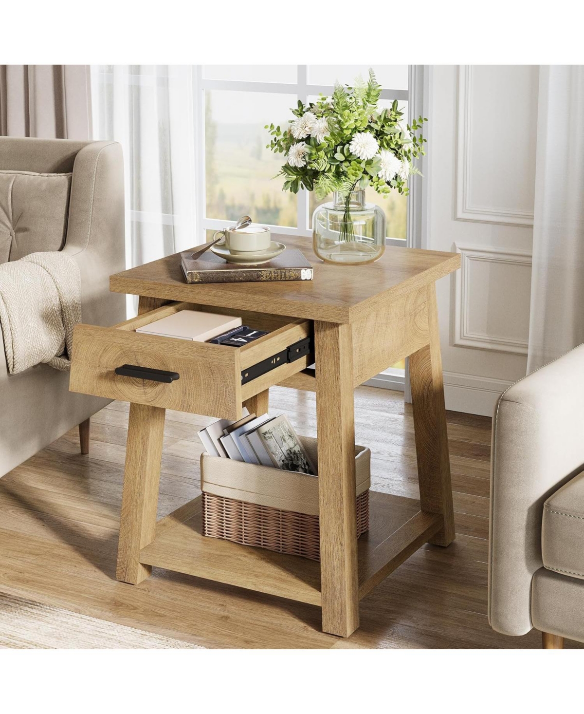 Tribesigns Farmhouse Square Side Table Set of 2, 2 -Tier Wooden End Table with Drawer, Rustic Nightstands with Shelf Storage