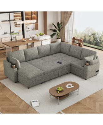 109.9" Sectional Sofa Bed with Storage, Cup Holders & Charging