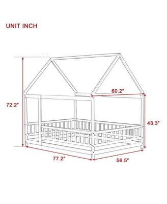 Full Size House Floor Bed with Roof Frame & Safety Guardrails Wooden Play Bed for Kids and Teens