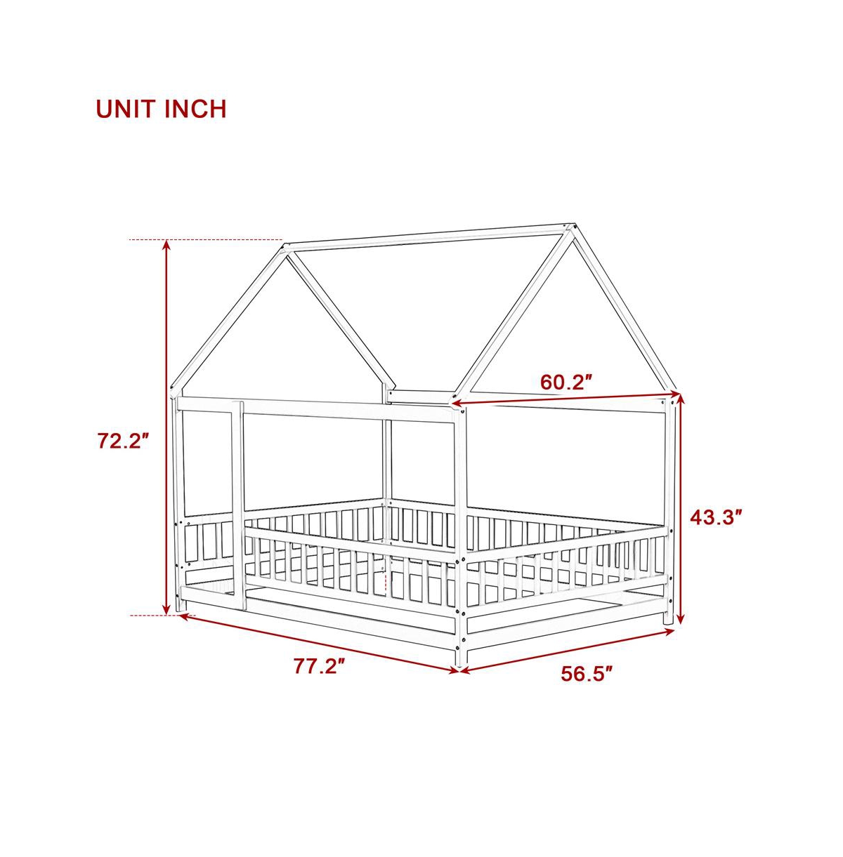 Cesicia Full House Floor Bed with Roof Frame & Safety Guardrails Wooden Play for Kids and Teens