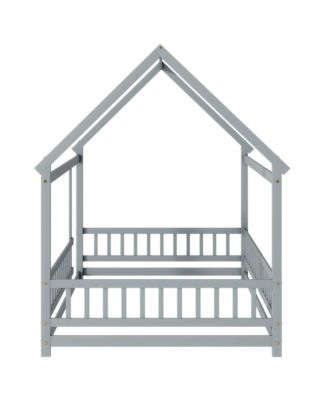 Full Size House Floor Bed with Roof Frame & Safety Guardrails Wooden Play Bed for Kids and Teens