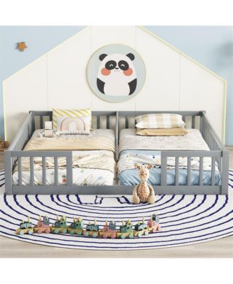 Double Twin Floor Bed with Safety Fence Low Profile Shared Sleeping Bed for Kids No Door Design
