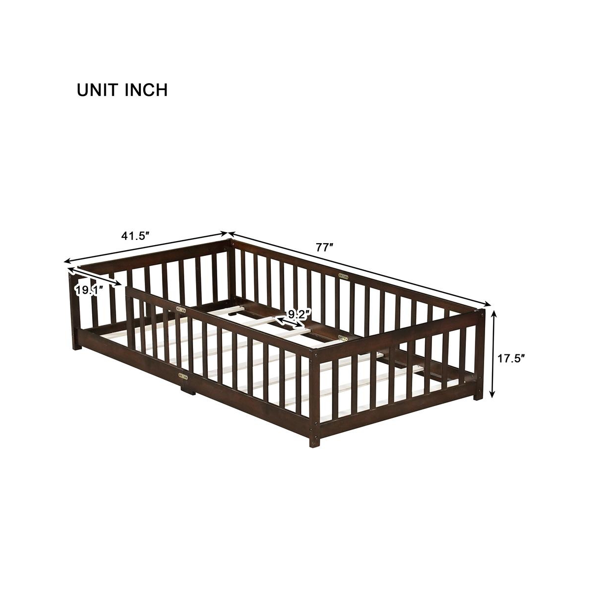 Cesicia Twin Floor Bed with Safety Fence Rubber Wood Kids for Toddler Room & Play Space