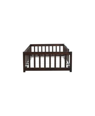 Twin Size Floor Bed with Safety Fence Rubber Wood Kids Bed for Toddler Room & Play Space