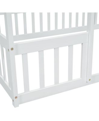 Full Size Wood House Floor Bed with Safety Fence & Roof Frame Play Bed for Kids and Teens