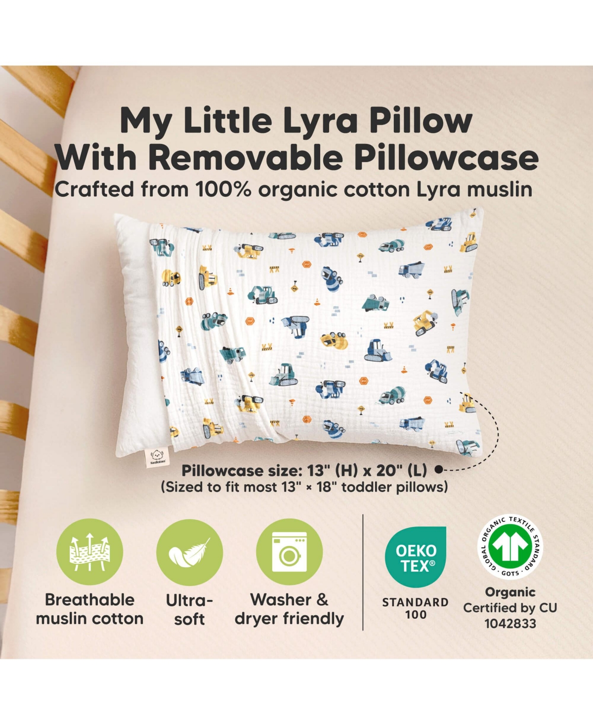 KeaBabies Toddler 1-Pack Lyra Muslin Pillow with Pillowcase 13x18, Organic Cotton for Boys, Girls, Sleeping, Travel