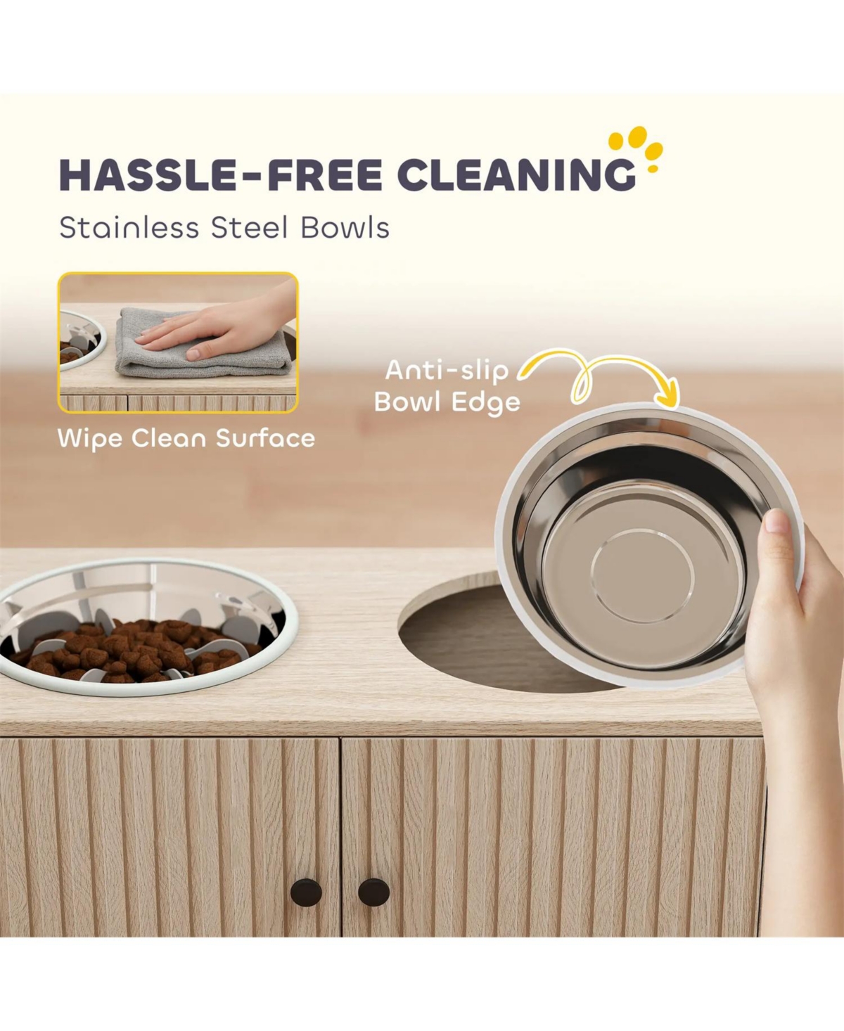 Aostirmotor 23.6 in. Wide Dog Bowls with Storage Cabinet in Oak