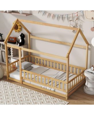 Twin House-Shaped Floor Bed with Fence & Roof Frame Wooden Play Bed for Kids Room