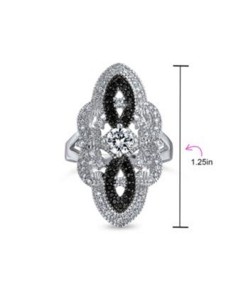 Art Deco Black White CZ Filigree Statement Full Finger Ring Silver Plated