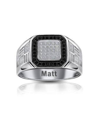 Mens Micro Pave Black Halo Square Two Tone CZ Statement Ring Sterling Silver