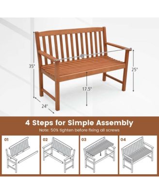 2-Person Outdoor Garden Wood Bench with Backrest Armrests for Yard Porch