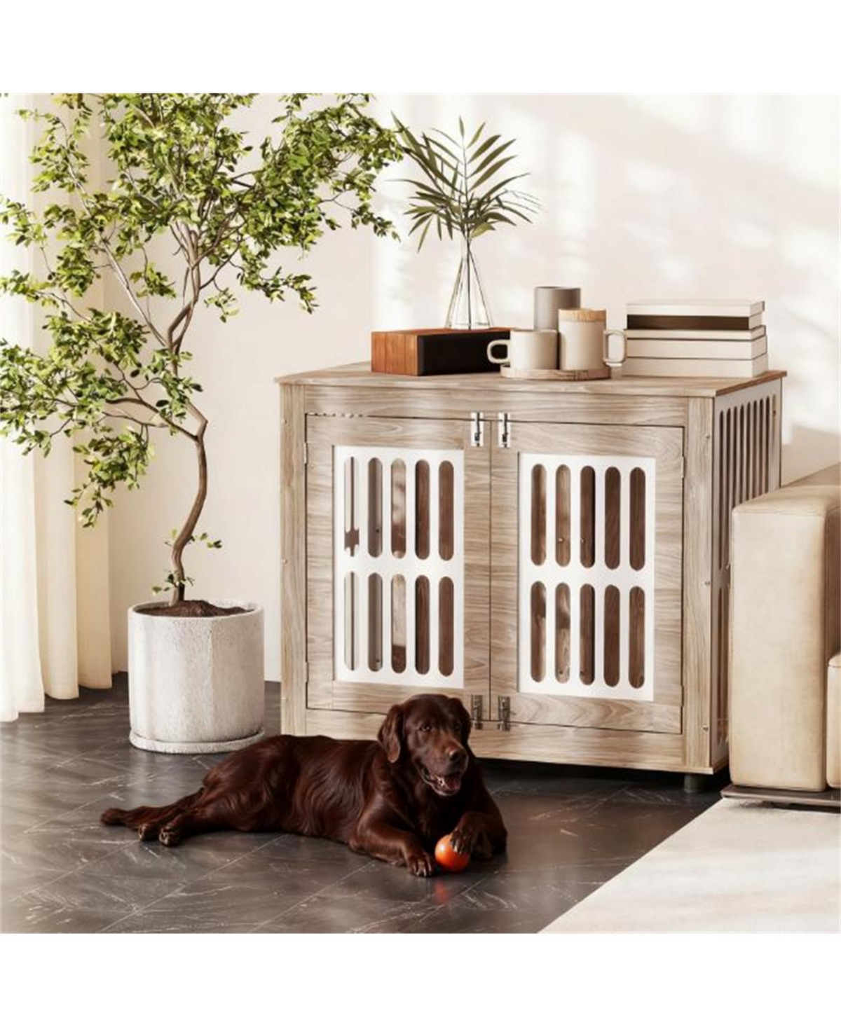 Aostirmotor Dog Crate Furniture with 2 Doors, Adjustable Non-slip Foot Mats in Walnut Brown