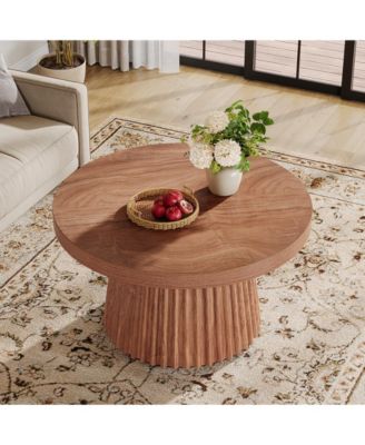 31.5" Round Coffee Table, Farmhouse Center Table with Fluted Base, Walnut