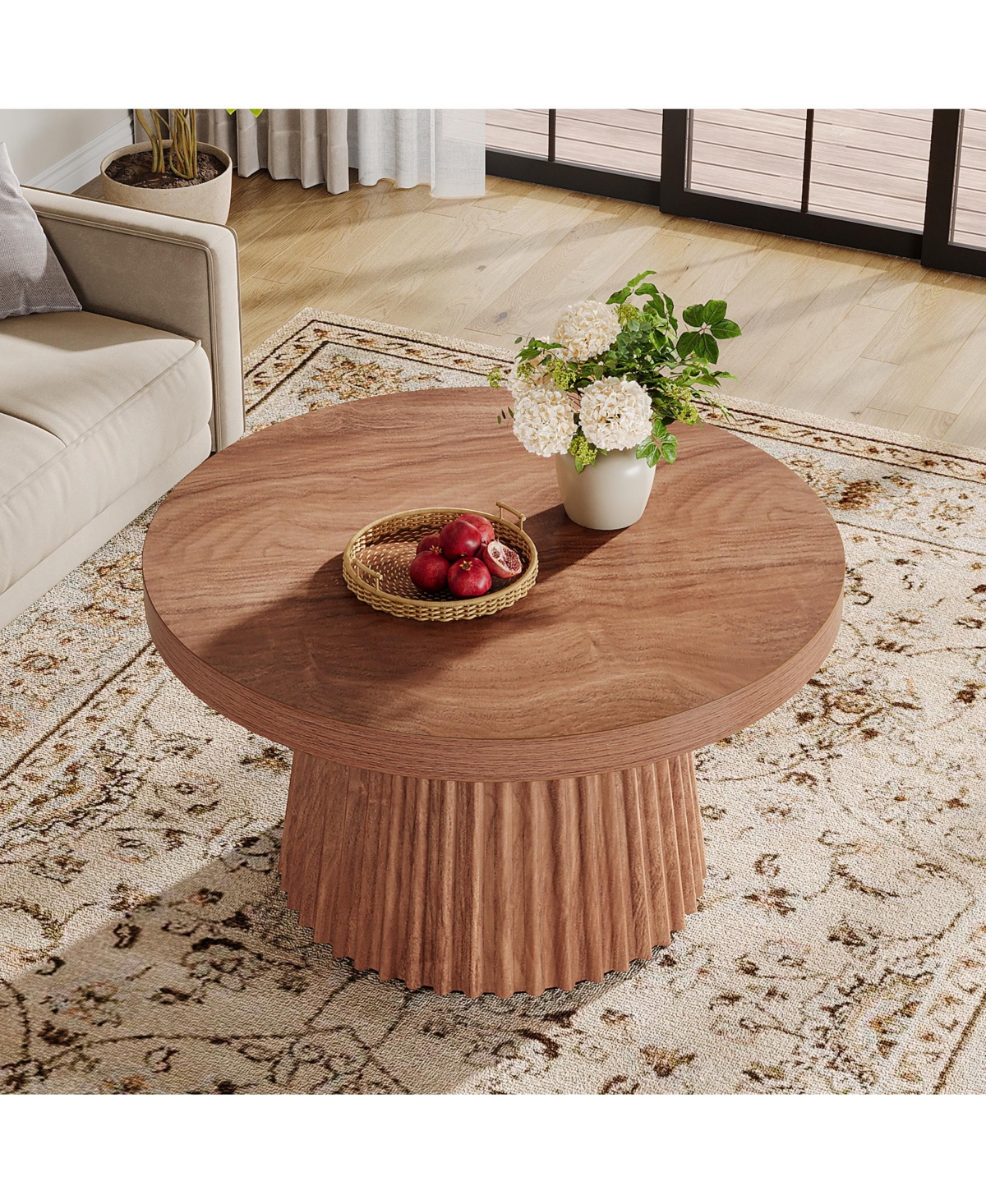 Tribesigns 31.5" Round Coffee Table, Farmhouse Center Table with Fluted Base, Walnut