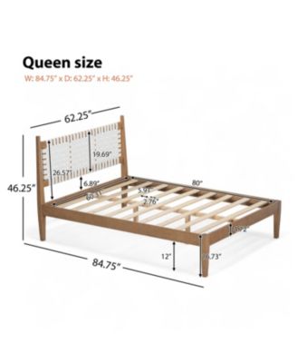 Queen Bed with Woven White Leather Back and Natural Wood Frame