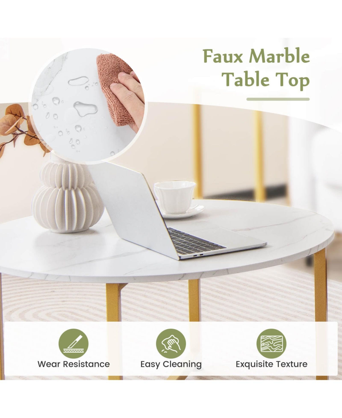 Costway 3 Pcs Coffee Table Set Round and 2 Square End Tables Metal Frame