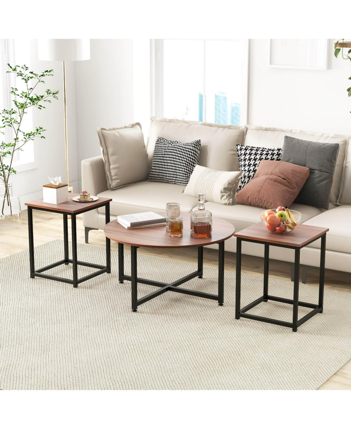 Costway 3 Pcs Coffee Table Set Round and 2 Square End Tables Metal Frame