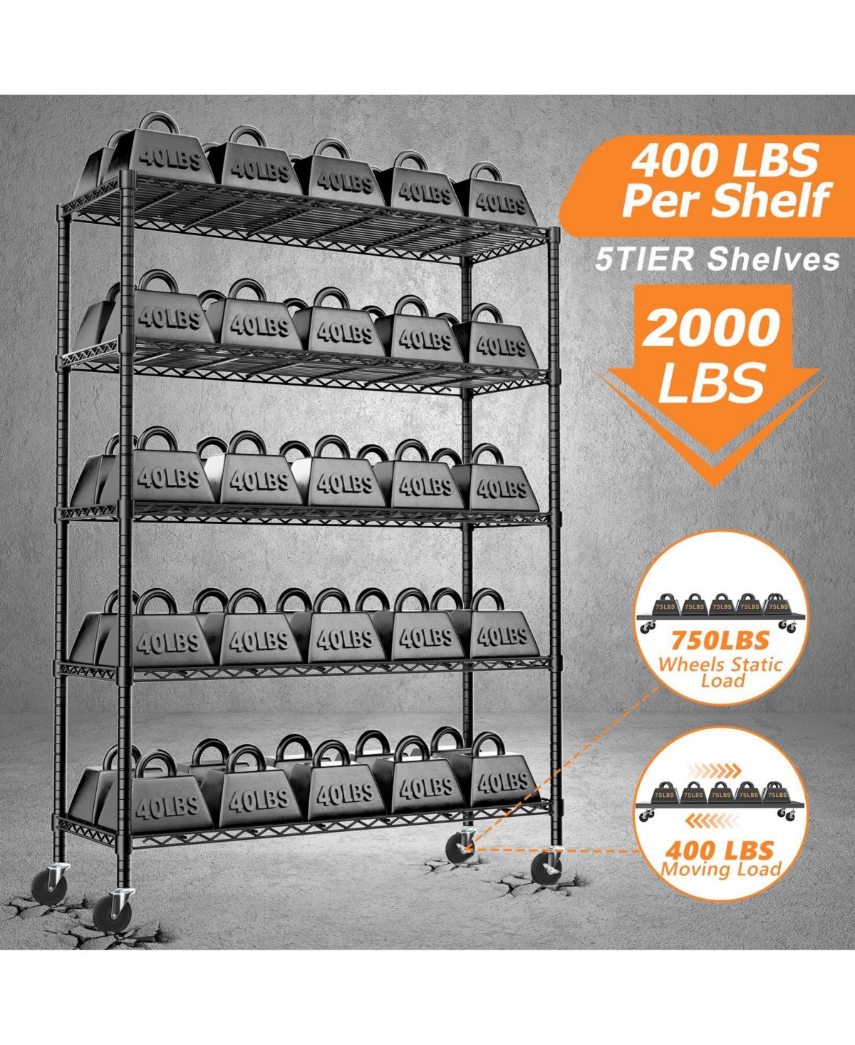 Lovmor 5-Tier 45 in W x 78 in H x 20 in D Height Adjustable Garage Wire Shelving Unit with wheels