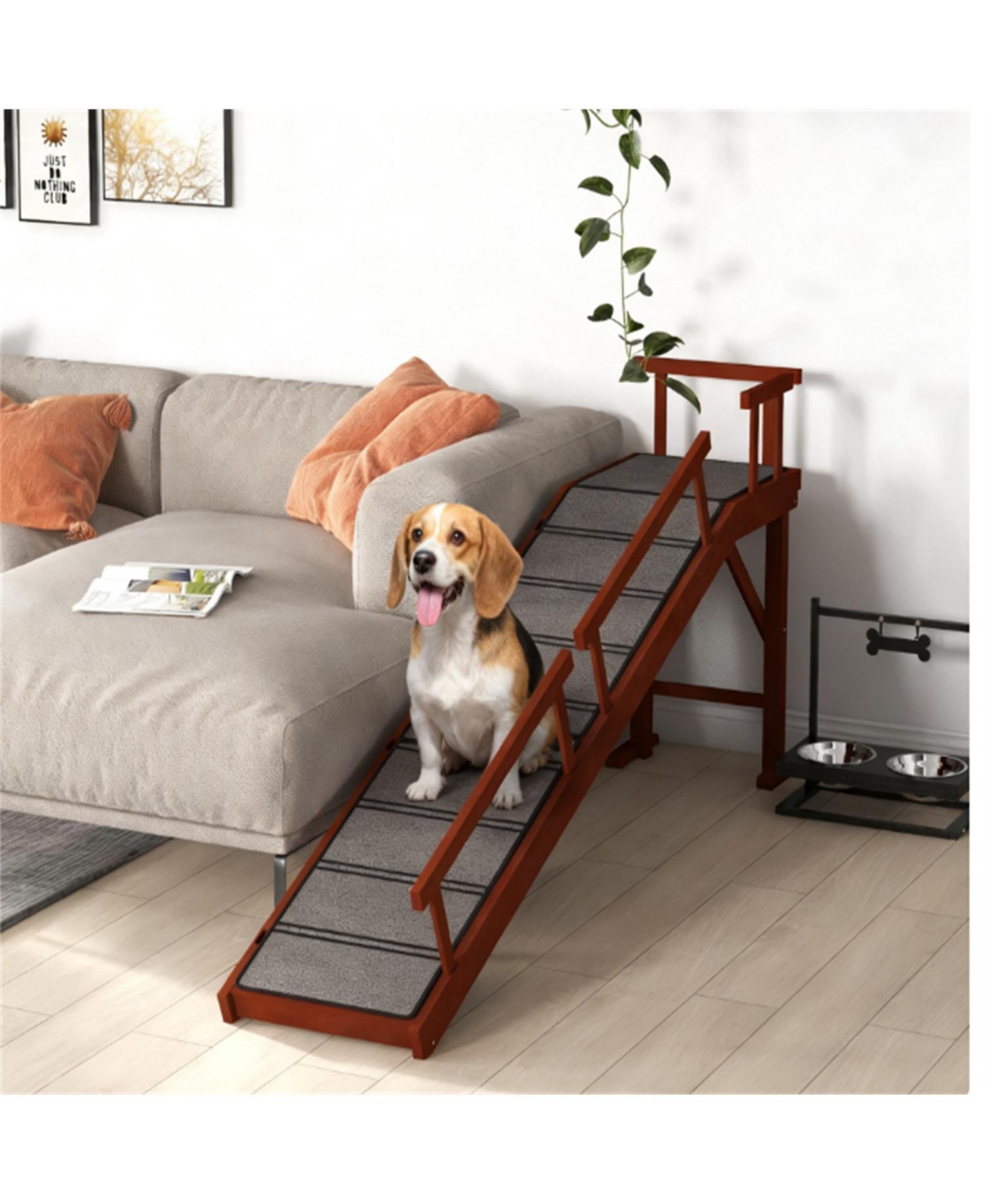 Aostirmotor Dog Ramp with Removable Guardrails, Non-Slip Surface in Brown