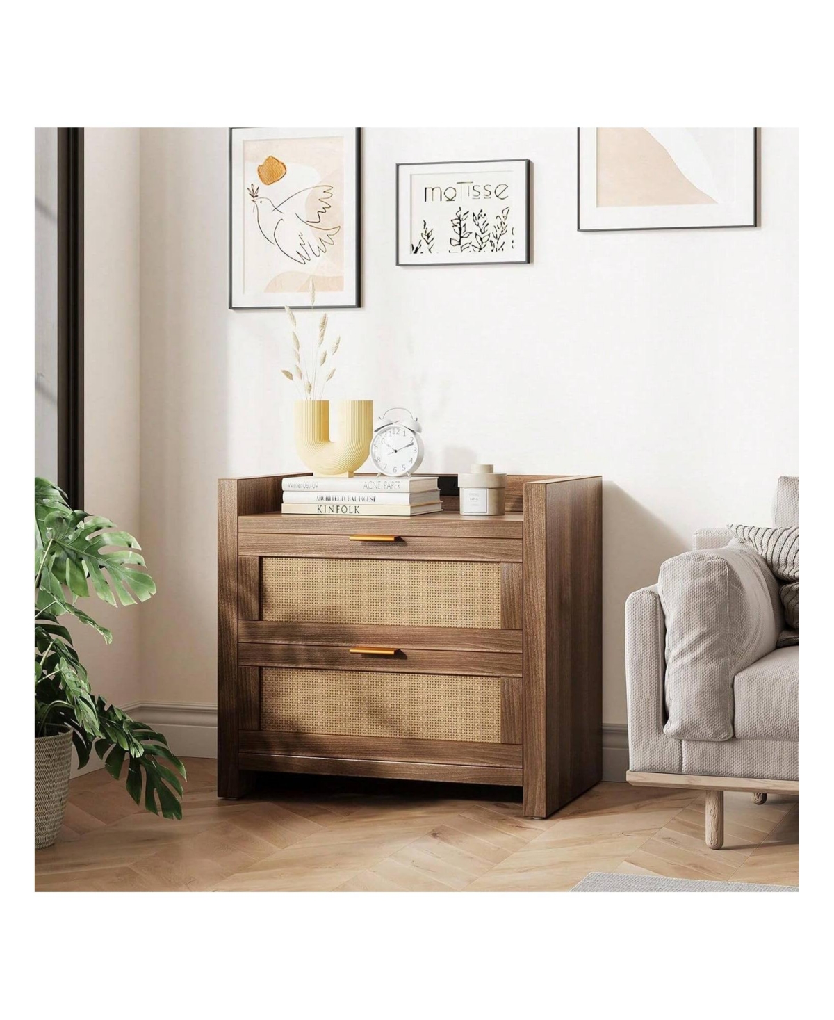 gaomon Nightstands Set Of 2 With Rattan Drawer Modern Night Stand For Bedrooms Wooden 2 Drawer Bedside Table Side Table