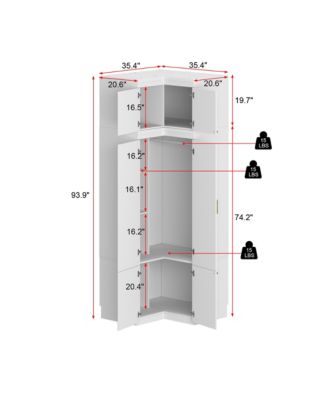 White Wood 6-Door Corner Wardrobe Armoires with Storage Shelves