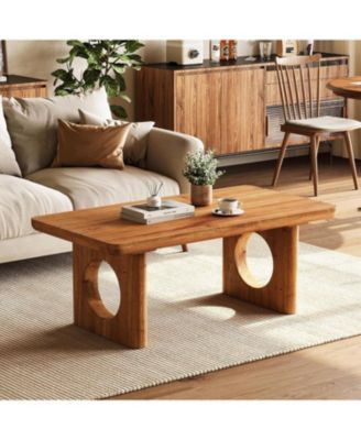 Solid Wood Coffee Table, Modern Farmhouse Coffee Table with Thick Tabletop, Rectangle Center Table