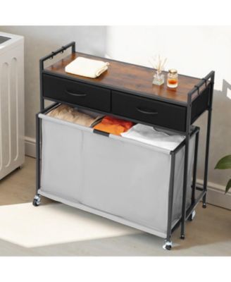 3-Section Laundry Sorter, Rolling Hamper with Wood Top, 2 Drawers, Hooks & Wheels, Pull-Out Bags, Bathroom Organizer