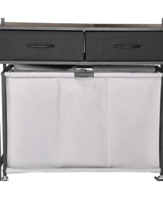 3-Section Laundry Sorter, Rolling Hamper with Wood Top, 2 Drawers, Hooks & Wheels, Pull-Out Bags, Bathroom Organizer