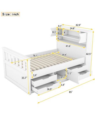 Twin Size Captain Platform Bed Frame with Storage Bookcases and Shelves,Four Drawers