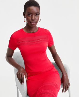 Women's Short Sleeve Pointelle Stripe Sweater