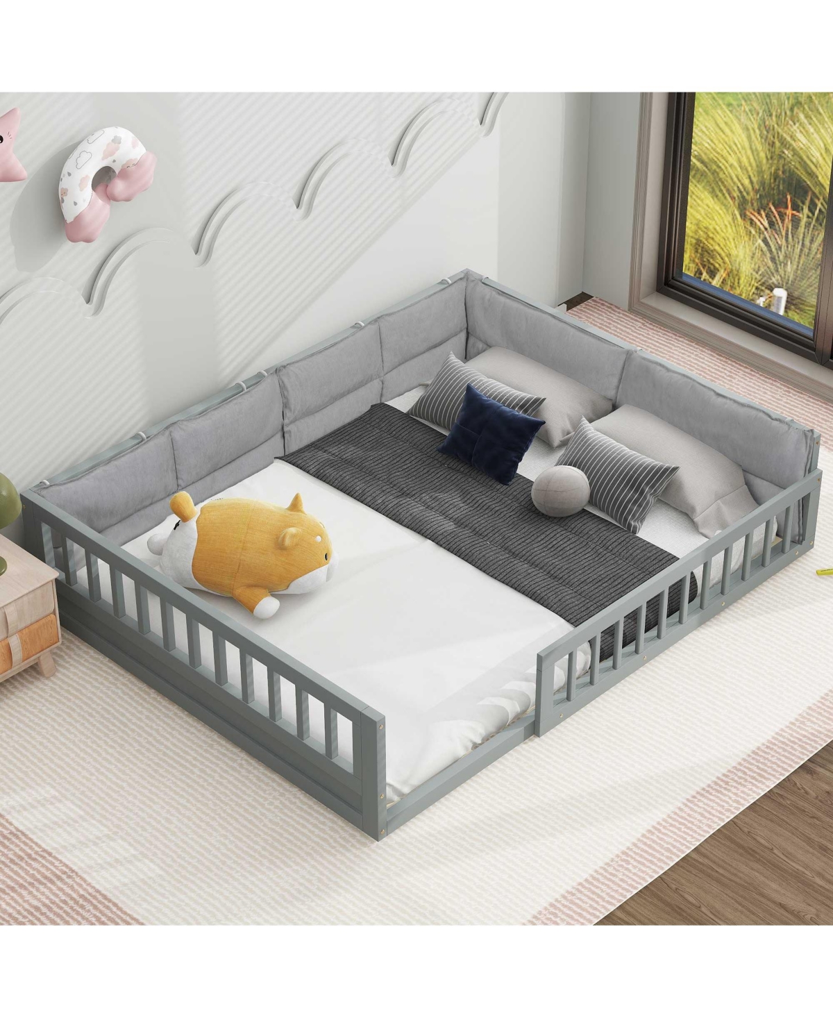 Boyel Living Wood Full Upholstered Platform Bed with Guardrail and Pillow