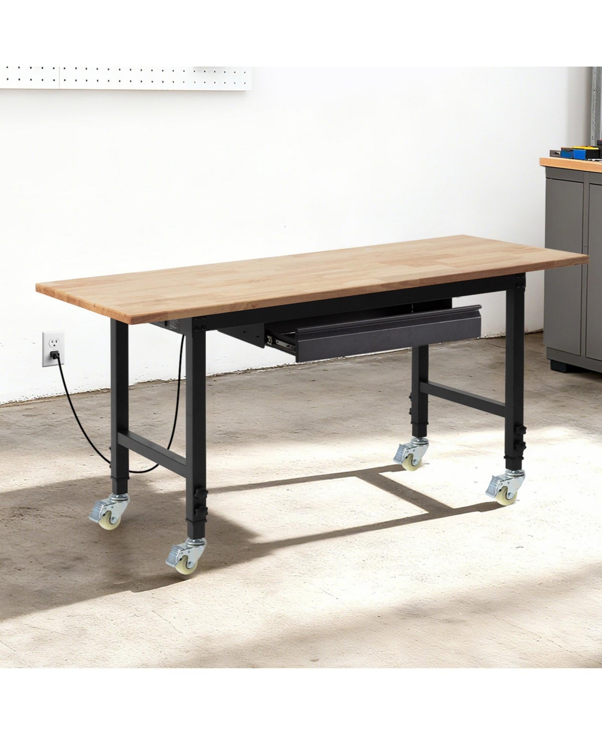 Mecale Adjustable Workbench, 60"x24" Oak Top, 2000 lb Capacity, Drawer & Power Outlets.