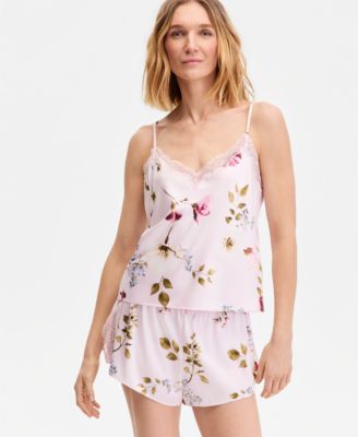 Women's Stretch Satin Lace-Trim Tank & Tap Shorts Pajama Set