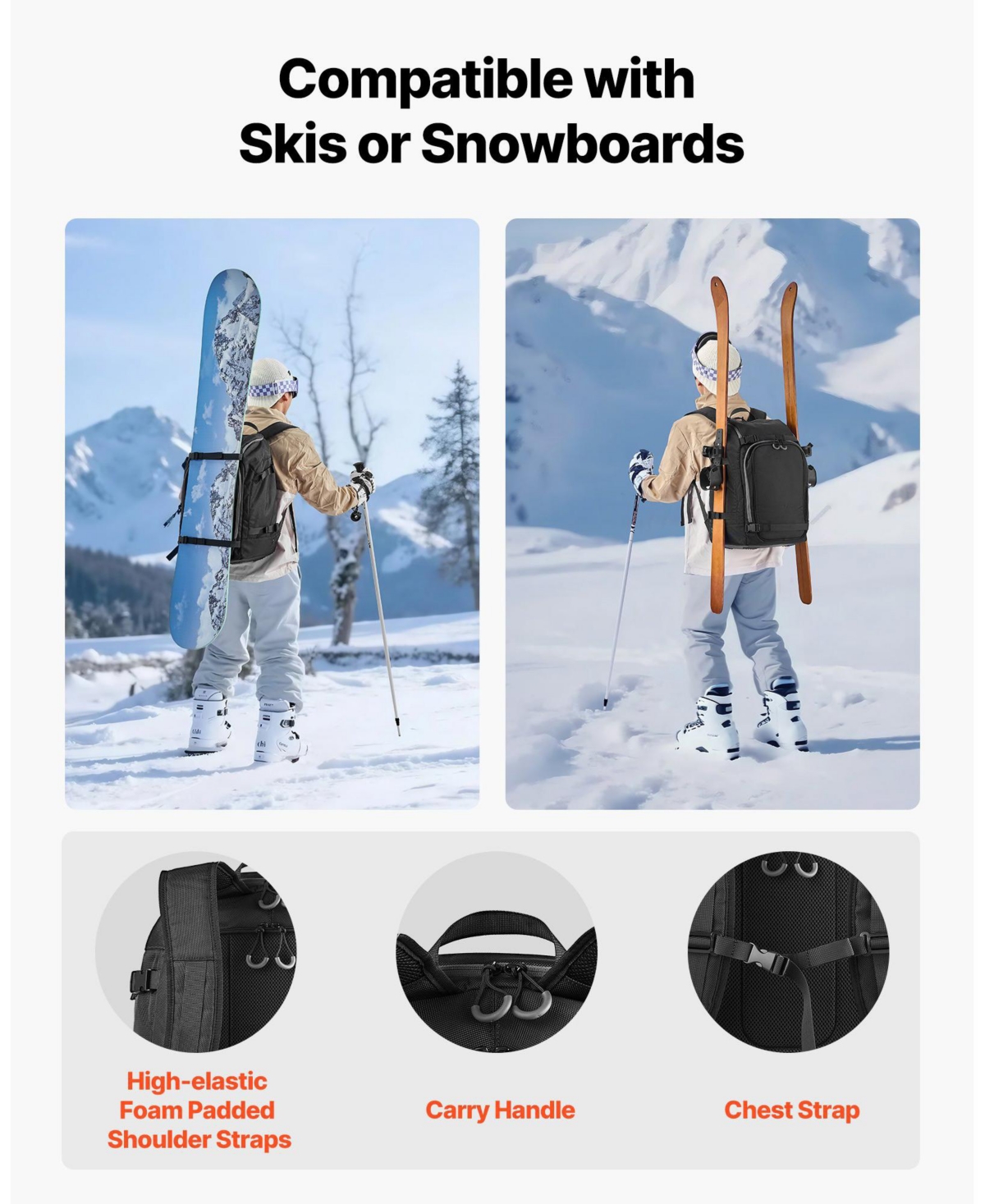 Mecale 55L Ski Boot Bag Travel Backpack, Waterproof Exterior and Bottom, Durable 1680D Oxford, for Men and Women, Black