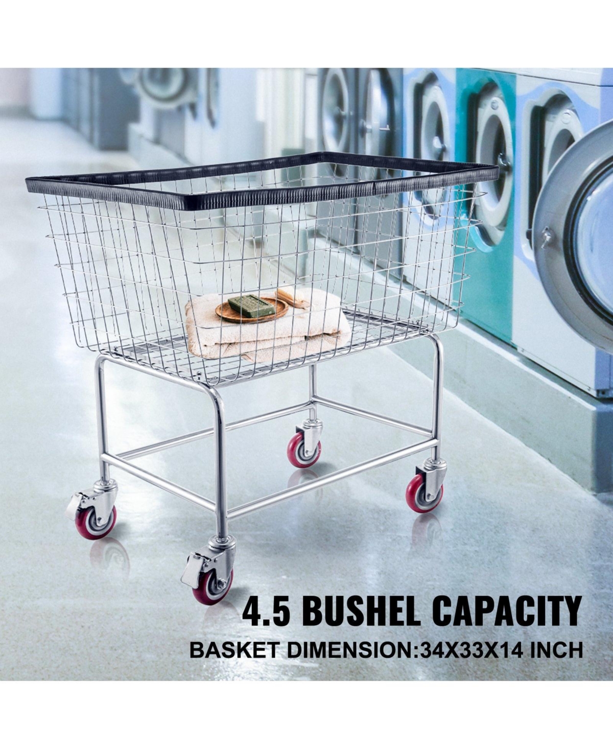 Ecooso Wire Laundry Cart, 4.5 Bushel Basket with Wheels, 35" x 15.7" x 22", Steel Frame, Chrome Finish, 5" Casters