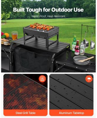 Camping Kitchen Table, Aluminum Portable Cook Station with 3 Storage Cupboards, Detachable Windscreen, Carrying Bag, Black