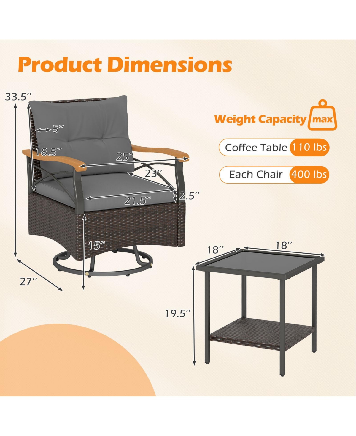 Slickblue 3-Piece Outdoor Swivel Chair Set with Glass Side Table